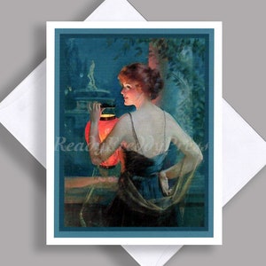 VENTE carte pour notes unique été/lanterne chinoise/art déco/belle dame/illustration vintage 1921/ carte simple avec enveloppe