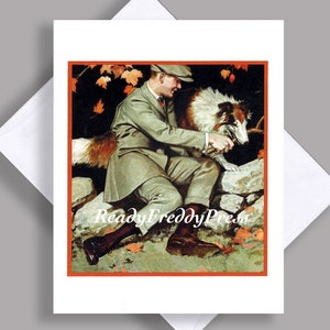 SALE Grußkarte/ Vintage Bild 1920s/ Junger Mann/ Mit Hund/ Collie/ Herbst/ Herrenmode Werbung/ Grußkarte mit Umschlag