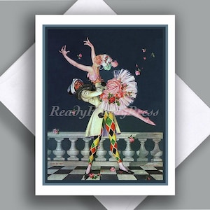 Une seule carte/ Image vintage 1917 Frank X. Leyendecker/ Garçon et fille/ Danseurs/ Couple/ Arlequin/ Amour/ Romance/ Une seule carte avec enveloppe