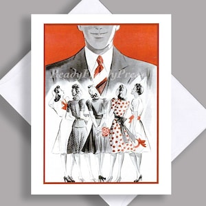 SALE Grußkarte einzeln/ Vintage Illustration/ Mann/ Frauen bewundern/ Werbung/ Einzelkarte mit Umschlag