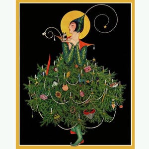 Cartes de correspondance vintage Art déco/ Image vintage/ Noël des fêtes/ Dame déguisée en arbre/Fantaisiste/ 8 cartes et enveloppes/ Option enveloppe dorée