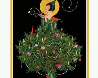 Cartes de correspondance vintage Art déco/ Image vintage/ Noël des fêtes/ Dame déguisée en arbre/Fantaisiste/ 8 cartes et enveloppes/ Option enveloppe dorée