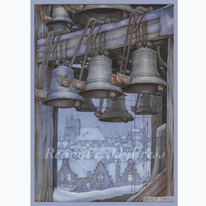 Christmas Card/ Holiday/ New Year/Winter/ Snow/ Bells/ Vintage Notecards Reproduction/ Boxed Set of 8 with Envelopess