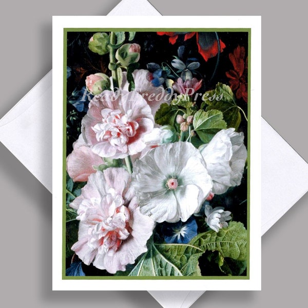 SALE Single Notecard/ Still life/ Vintage Painting/ 18th Century/ Hollyhocks/ Beautiful Flowers/ Detail/ Single Card with Envelope