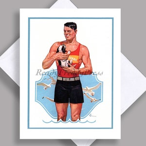 SALE Grußkarte/ Rettungsschwimmer/ Welpe/ Möwen/ Sommer/ Am Strand/ Vintage Illustration / Einzelkarte mit Umschlag