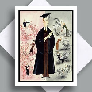 Enkele afstudeerkaart / vintage afbeelding / Leyendecker / College / middelbare school / jonge man/pet en jurk / humoristisch / cadeaubon / trotse ouder