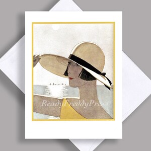 SALE Enkele kaart/ Mooi meisje/ / Zomerhoed/ Seaside/ Andre Marty/ Mode/ Vintage illustratie 1921/ Enkele kaart met envelop