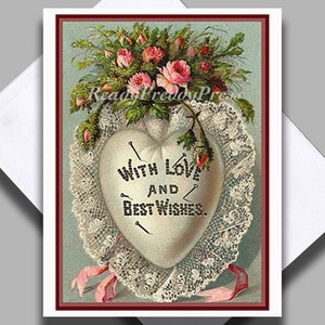 Enkele kaart/ Friendship Love/ Victoriaans / Vintage afbeelding aanhankelijk/ Harten/"Met liefde en beste wensen" / Blanco / Kaart met envelop