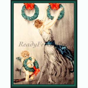 Tarjetas de notas Art Decó vintage / Imagen vintage / Vacaciones navideñas / Coronas colgantes / Louis Icart / Ángel / Caprichoso / 8 tarjetas y sobres