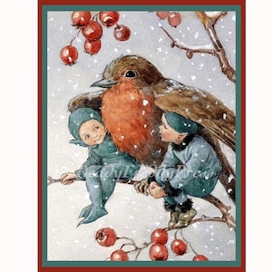 Cartes de correspondance de Noël Robin et elfes / Fêtes / Image vintage / Abri / Charme / Lot de 8 bonbons en boîte avec enveloppes / Blanc
