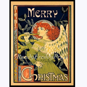 Notitiekaarten Art Nouveau/ Kerst/ Feestdagen/ Vintage afbeelding /"Vrolijk kerstfeest"/ Engel/ Trompet/ Grafisch/doos set van 8 met enveloppen