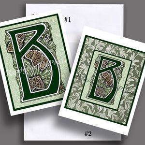 Tarjetas con iniciales del monograma "B" / Iniciales Art Nouveau vintage / Coloridas / Artísticas / Reimaginadas / Verdes / Piñas