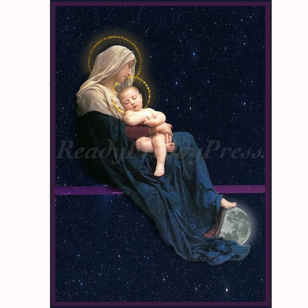 Single Notecard Christmas Card/ Religious/Vintage Image/ Madonna & Child/ Earth and Sky/Mystical/