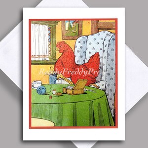 Grußkarte/ Grußkarte/ Vintage/ Cartoon/ Vintage Illustration/ Huhn/ gestrickt/ Lustig/ Humorvoll/Landleben/ Einzelkarte mit Umschlag