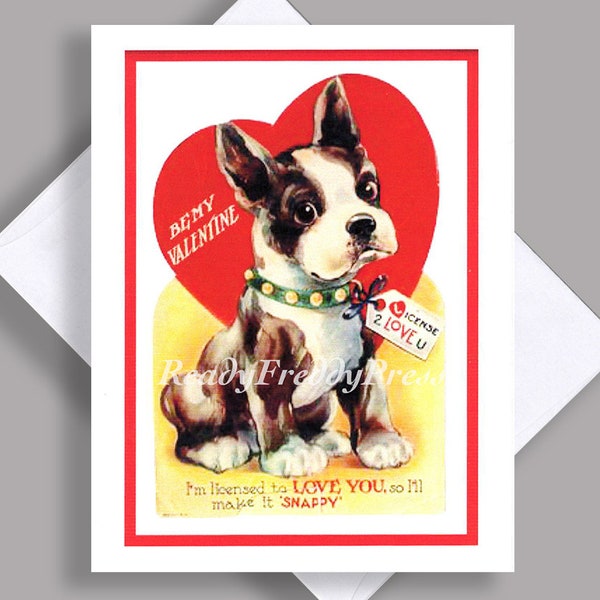 SALE Single Notecard/ Vintage Image /Valentine/ "License 2 Love U""/ Bull Dog Pup/ Dog/1960s/ Notecard with Envelope