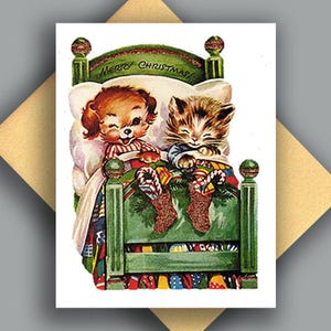 SALE glitter enkele kaart/vintage afbeelding/kerst/hond en kat in bed!/tekenfilm/vertederend/leuk/kaart met gouden metallic envelop