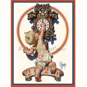 Cartes de correspondance Nouvel an/Vacances/Célébration/Leyendecker/Bébé Nouvel An/Image vintage/Horloge/ Minuit/Ensemble de 8 avec enveloppes