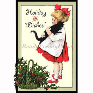 Christmas Kitty Notecards /Holiday / Vintage Image/ Black Kitty/ Little Girl/"Holiday Wishes"/ Boxed Set of 8 with Envelopes/ Blank