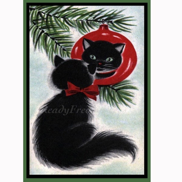 Kerst Kitty Notecards/Holiday/Vintage Image/Black Kitty/ornamenten/kerstboom/charmant/boxed set van 8 met enveloppen/blanco