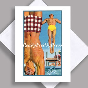VENDA Cartão de Nota Único/ Homens Bonitos/ Mergulho/ Trajes de Banho/ Piscina/ Verão/ Ilustração Vintage/ Publicidade/ Cartão Único com Envelope