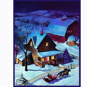 Notitiekaarten Winter /Kerstkaart/Vakantie/ Vintage afbeelding/ Land/ Boerderij/ Sneeuw/ Schaduwen/ Moonlite/ Schuur/ Set van 8 kaarten met enveloppen