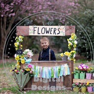 May include: A child stands behind a rustic wooden flower stall with a sign that reads "FLOWERS". The stall is decorated with colorful flowers, a price tag of 50p, and a banner. The background features a blurred pink flowering tree.