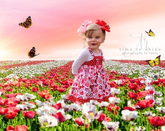 Spring Valentines Digital Backdrop, Pink Poppy Flower Field Backdrop PSD for Photoshop with Overlay Simple for Photo Editing