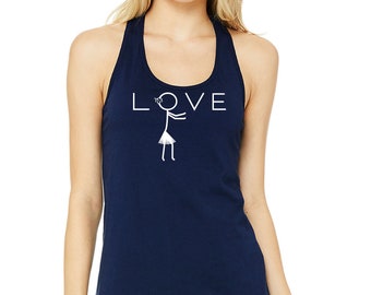 May include: A navy blue racerback tank top with a white stick figure hula girl and the word "LOVE" printed on the front.