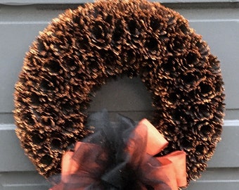 Fall Halloween Wreath with Orange & Black Ribbon
