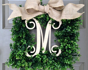 Monogram Square Faux Boxwood Wreath (1-Italics-Natural