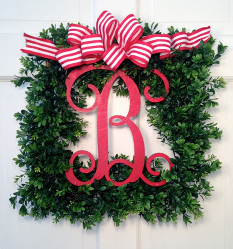 Merry Monogram Wreath Striped Bow
