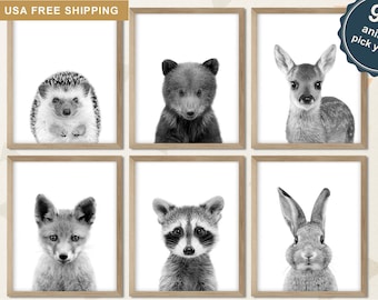 Woodland Animal Prints for Nursery, Black and White Woodland Nursery, Woodland Nursery Animals, Woodland Baby Wall Art, Forest Animals Art