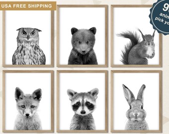Woodland Animal Nursery Prints Black and White, Forest Animal Baby Nursery, Woodland Nursery Canvas, Woodland Baby Animal Nursery Decor