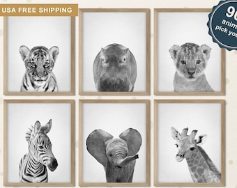 Baby Animal Prints for Nursery Black and White, Safari Animal Print Set, Safari Baby Animals Wall Art, Safari Nursery Decor, Jungle Animals