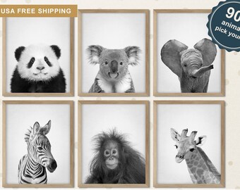 Baby Animal Prints, Black and White Nursery Decor (Set of 6)
