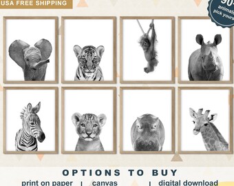 Safari Animal Prints for Nursery, Jungle Animal Prints for Nursery, Safari Baby Nursery Decor, Monochrome Animal Prints for Kids Room