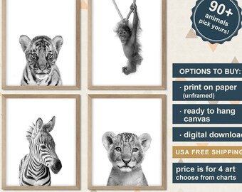 Black and White Safari Animal Prints, Safari Baby Nursery Decor, Jungle Theme Nursery Decor, Animal Nursery Prints Black and White
