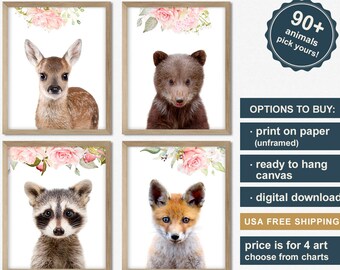 Girls Wall Decor Animals with Flowers, Woodland Baby Animals Floral, Baby Girl Nursery Ideas, Girl Wall Art Canvas or Paper, Forest Friends