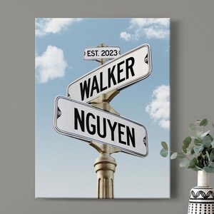 Custom Street Sign Canvas Engagement Gift with Two Names, Wedding Gift for Couple, Cross Road Sign, Newlywed Gift, Last Names Marriage Gift