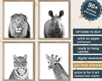 Safari Animals Nursery Art: Black and White Prints (Set of 4)