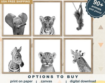 Safari Animal Nursery Art, Monochrome Baby Prints (Set of 6)