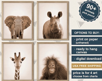 Safari Art for Nursery, African Animals Baby Shower Gift, Safari Animal Print Set, Zoo Animals Baby Gift Sepia Tone, Safari Baby Decoration