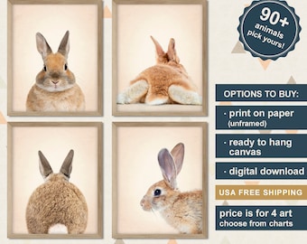 Bunny Print for Nursery Set of 4, Woodland Bunny Printed, Rabbit Nursery Set, Bunnies Nursery, Woodland Creatures Art, Nursery Animal Canvas