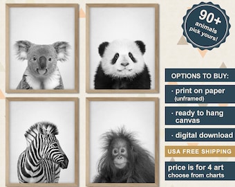 Black and white Animal Nursery Prints, Baby Nursery Decor Animal, Animal Kids Decor, Nursery Animal Heads, Baby Wall Art Animals Canvas