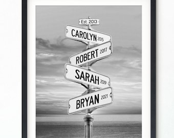 Framed Coastal Family Street Sign with Kids Names, Personalized Blended Family Gift for Parents