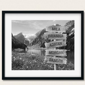 Kids Names Wall Art, Personalized Wood Street Sign, Custom Family Wall Decor, Nature Scene with Mountain Range and Lake