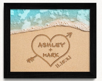 Personalized Beach Wedding Gift, Heart in Sand Proposal Print, Black Frame