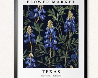 Bluebonnet Flower Market Print: Texas Botanical Canvas Art