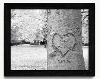 Carved Heart on Tree Framed Print, Personalized Outdoorsy Couple Anniversary Gift