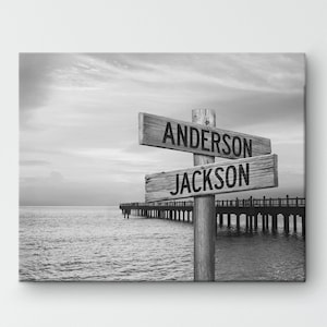 Personalized Street Sign Beach Dock Canvas, Coastal Engagement Gift